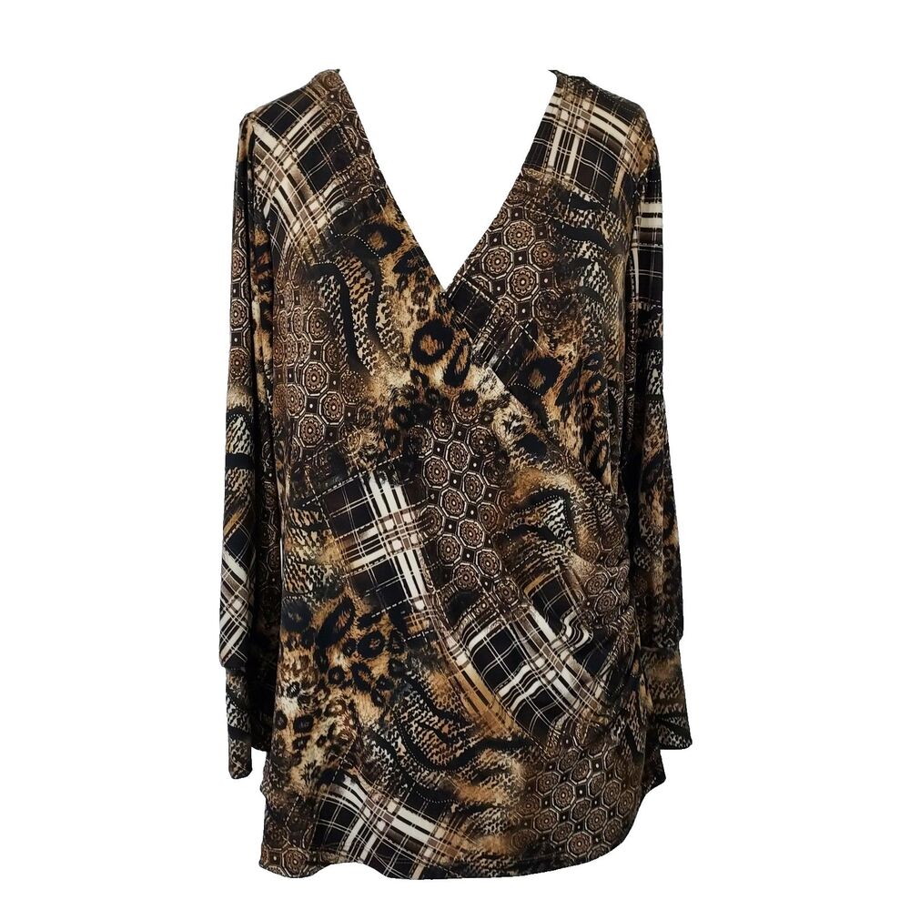 Venezia Leopard Animal Geo Print Faux Wrap Long Sleeve Shirt Top Women Sz 18 20